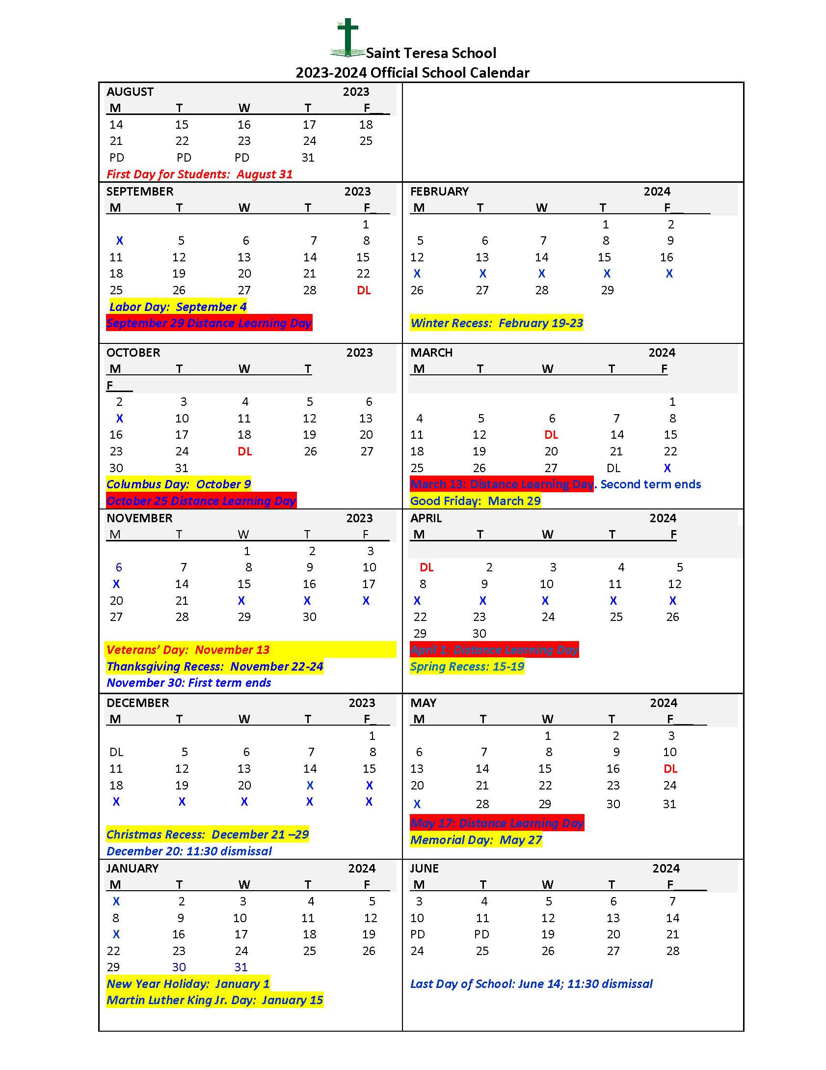 School Calendar - Saint Teresa School